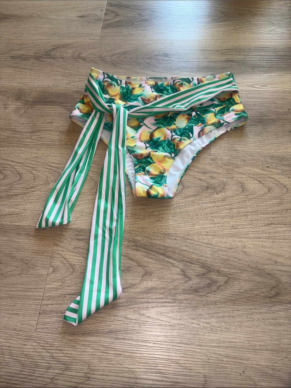 Women’s Lemon Print Bikini Bottom with Green Stripe Tie